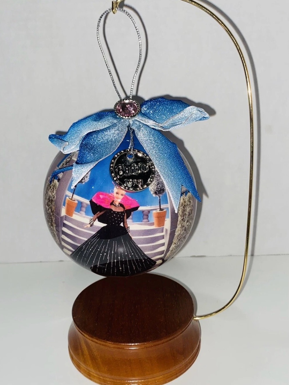 Vintage 1998 Barbie holiday Christmas decoupage ornament 4” globe wooden stand